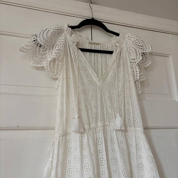 Ulla Johnson Gianna White Eyelet Midi Dress Size 0 XS Tiered Tasseled Boho Bride - Picture 6 of 16